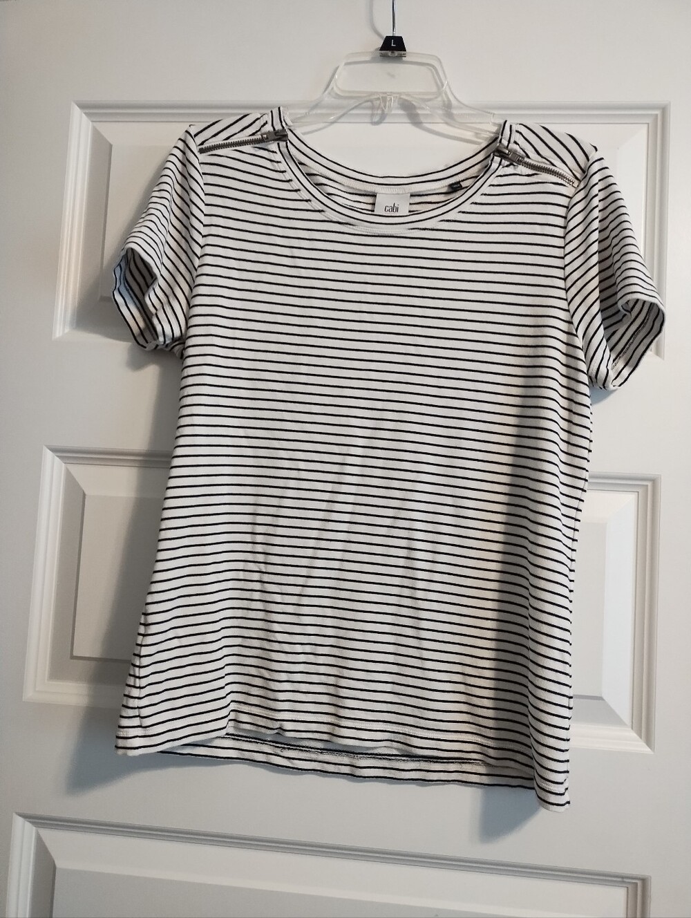 Cabi Black & White Striped Short Sleeve Tee with Crew Neck And Zippers